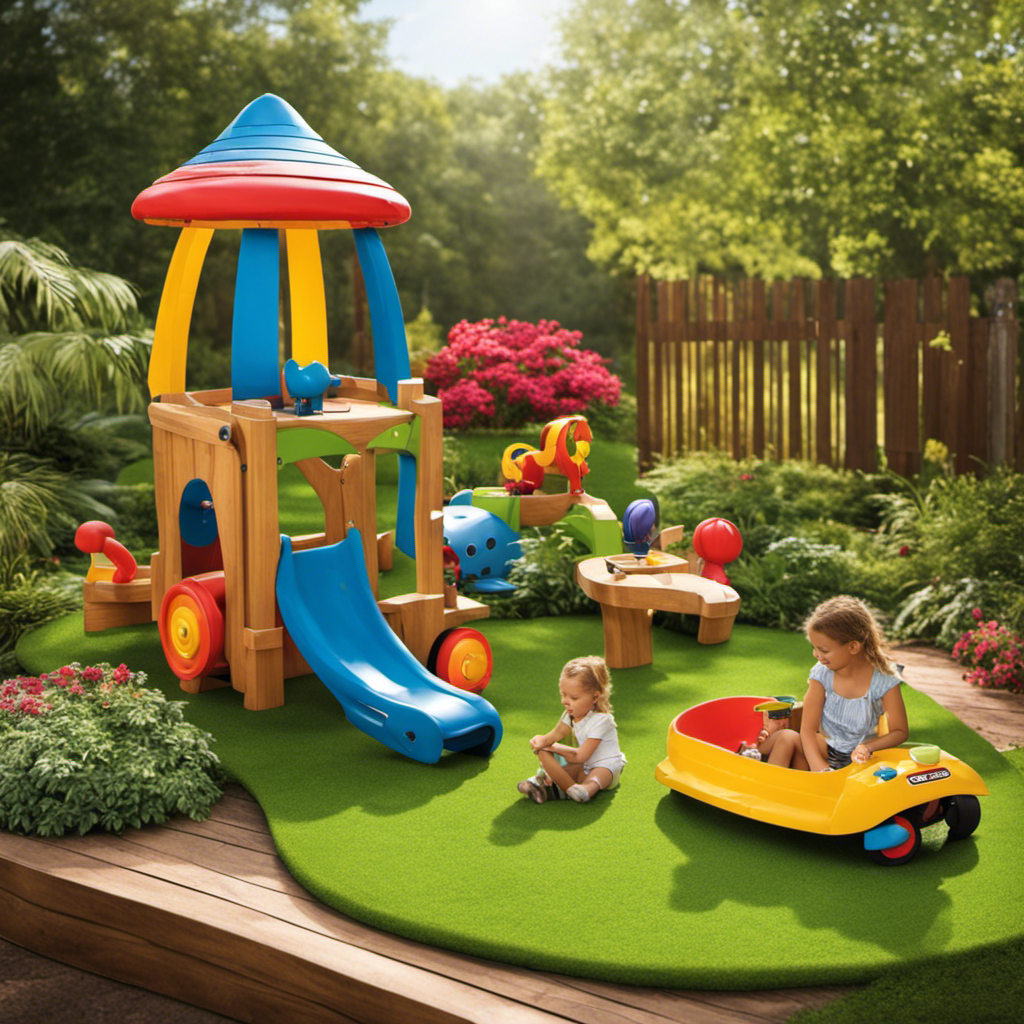 An image showcasing an outdoor play area filled with a variety of colorful and engaging ride-on toys, surrounded by lush greenery and a soft rubberized surface, inviting children to explore and have fun