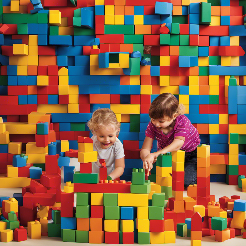 An image showcasing children playing with building blocks in a colorful room, where they arrange and stack the blocks in various patterns, fostering spatial awareness and logical reasoning skills