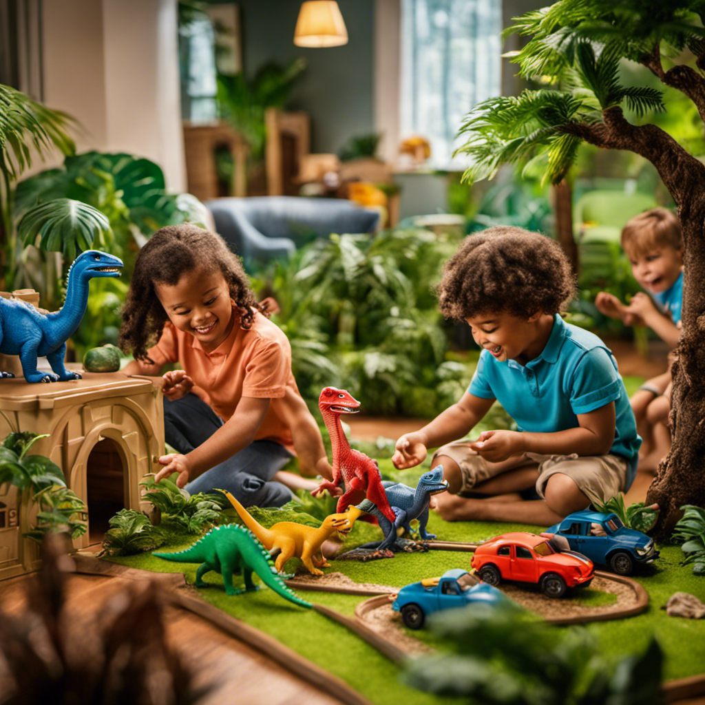 An image featuring a vibrant playroom scene: a group of preschoolers joyfully engaged in imaginative play with an array of Jurassic World dinosaur toys, surrounded by lush green landscapes and a backdrop of the iconic Jurassic Park gates