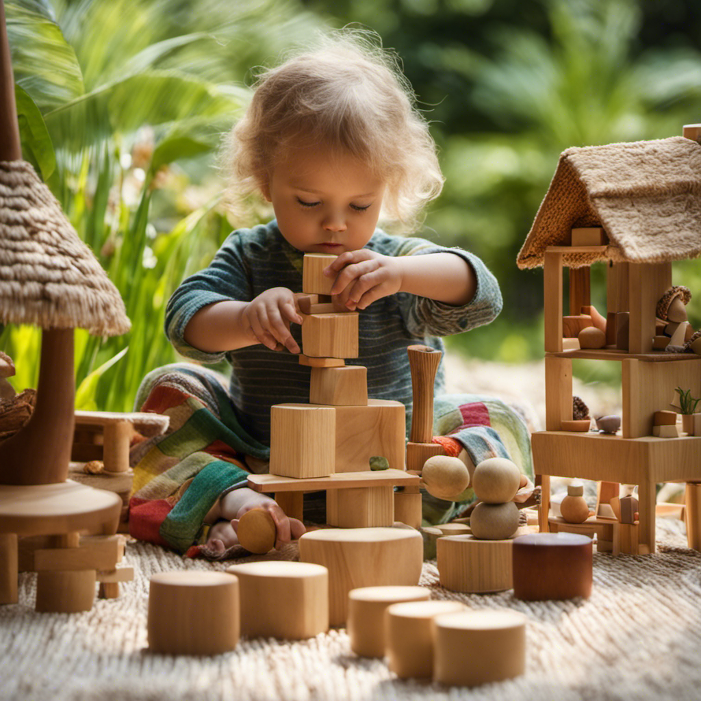 An image showcasing a toddler engrossed in open-ended play, surrounded by natural materials like wooden blocks, colorful silks, and handmade dolls, embodying the essence of Waldorf philosophy and nurturing their holistic growth
