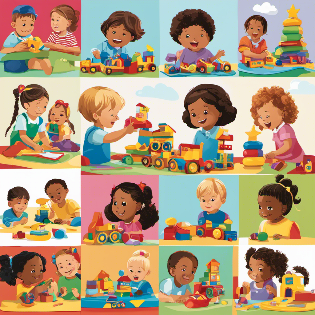 An image showcasing preschool children engaging in cooperative play, sharing toys, and displaying empathy through comforting gestures, facial expressions, and body language, emphasizing the importance of emotional intelligence and social understanding