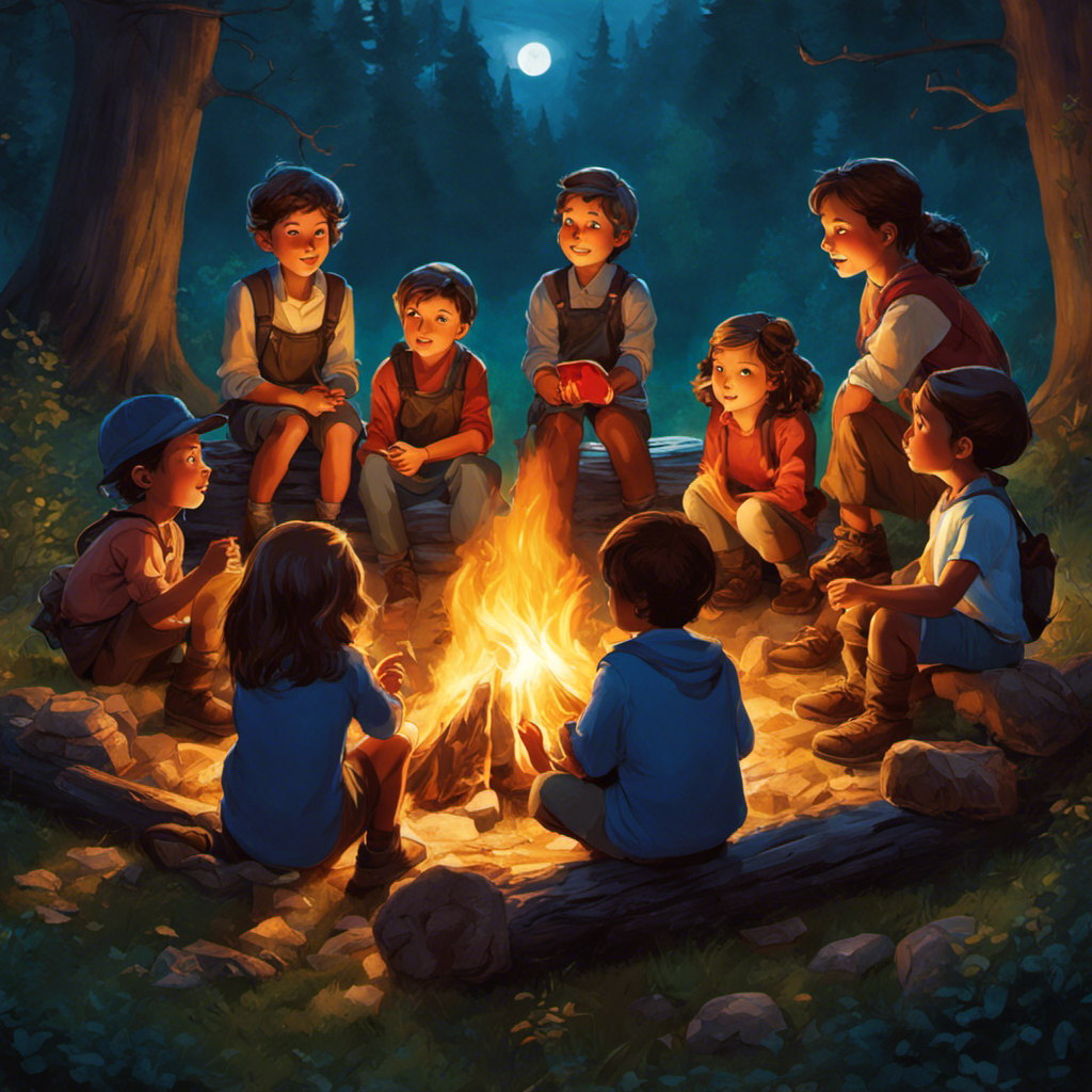 An image of a group of children gathered around a campfire, their faces illuminated by the warm glow