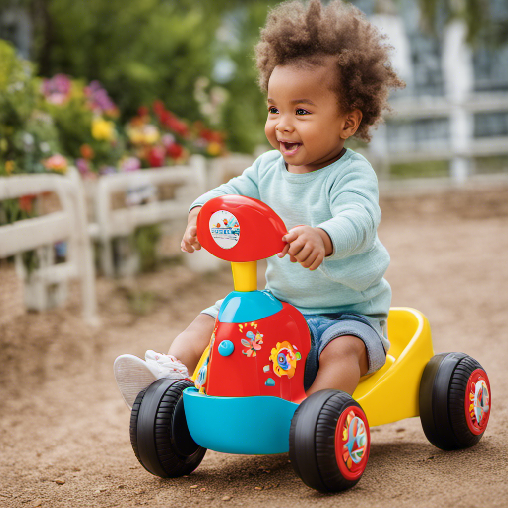 An image showcasing a toddler joyfully zooming around on a brightly colored ride-on toy, their little hands gripping the handles while their feet confidently push off the ground, capturing the essence of how these toys enhance developmental milestones