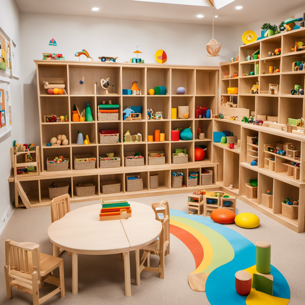 An image of a bright and spacious Montessori classroom with wooden shelves displaying carefully curated Montessori toys