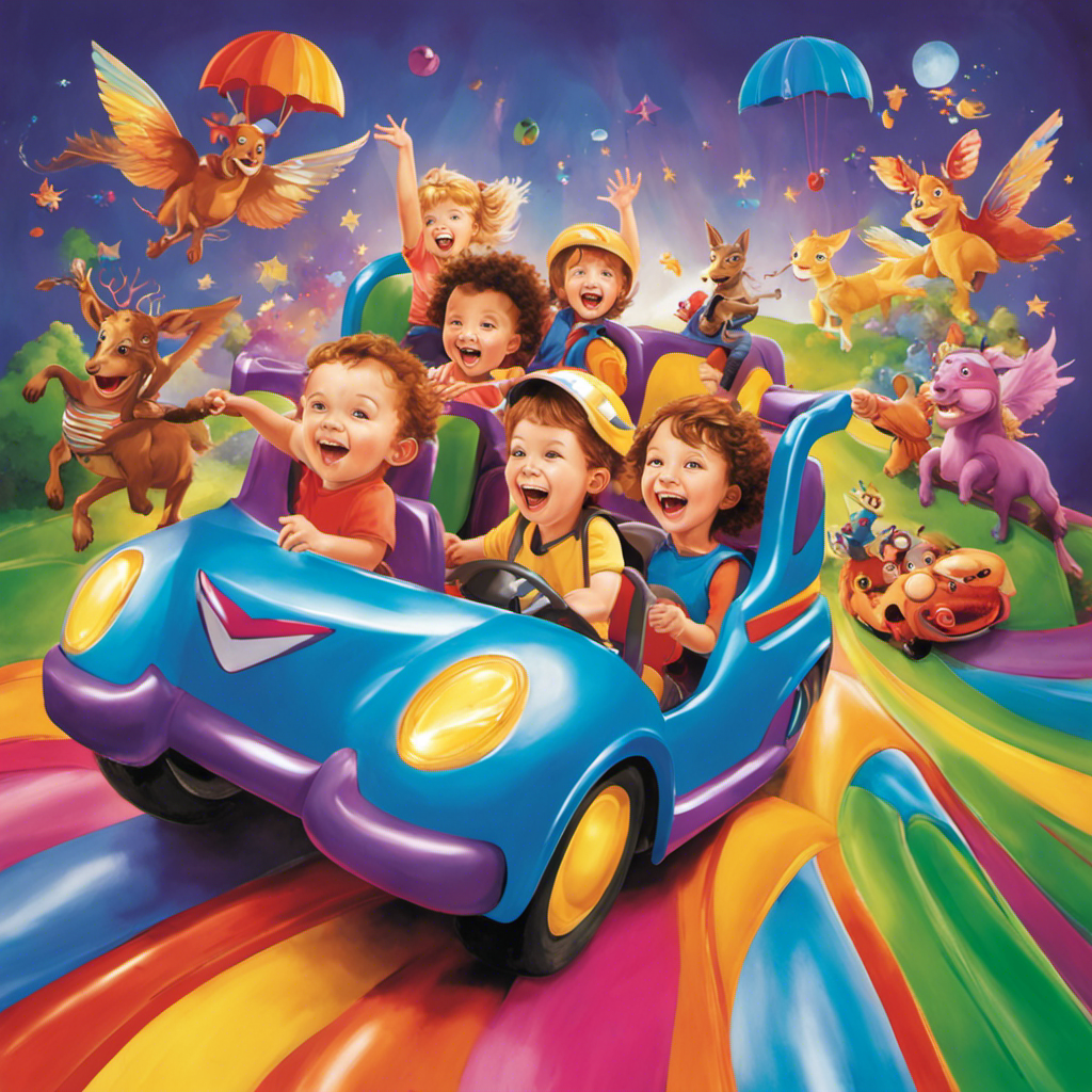 An image of a group of preschoolers joyfully riding on colorful ride-ons, their faces beaming with excitement