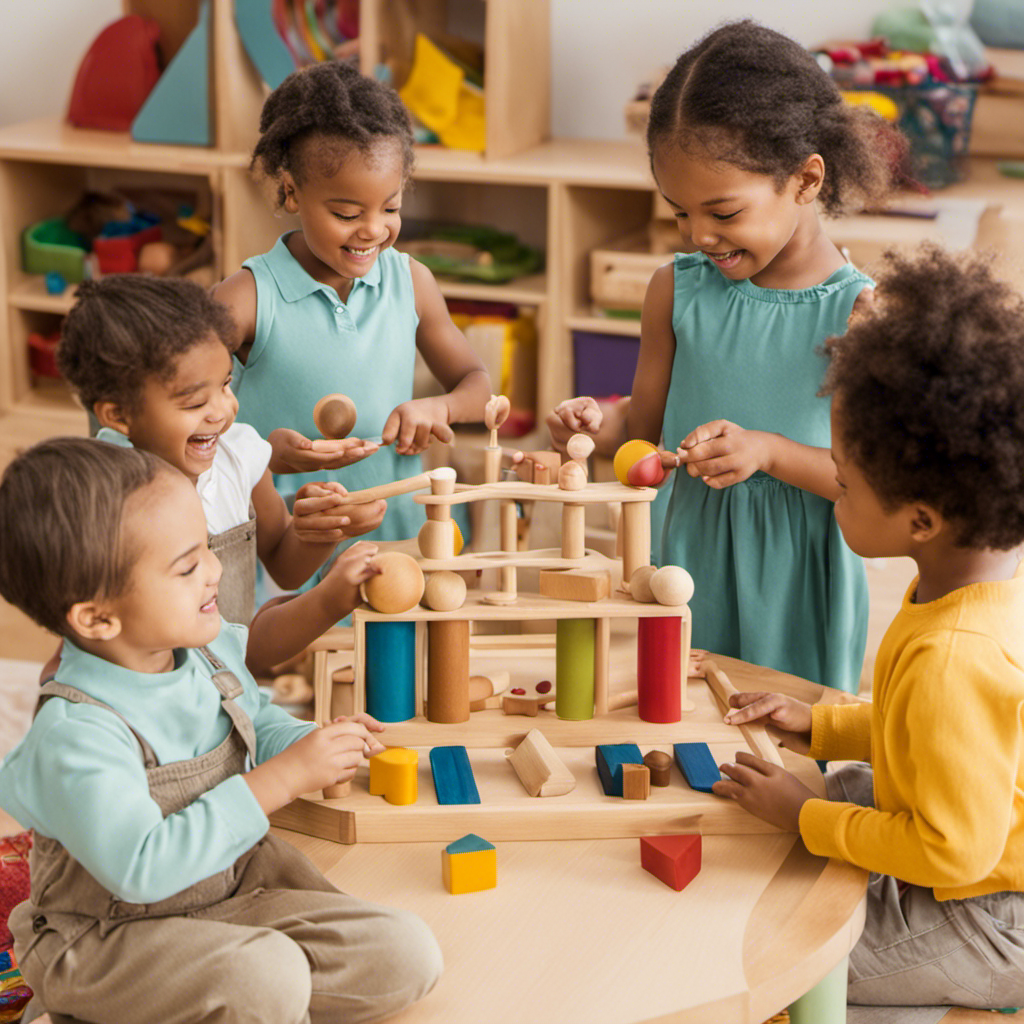 An image showcasing a diverse group of preschoolers joyfully engaged in hands-on activities with Montessori-inspired toys, as they explore the seamless harmony between their natural curiosity and the principles of Montessori education