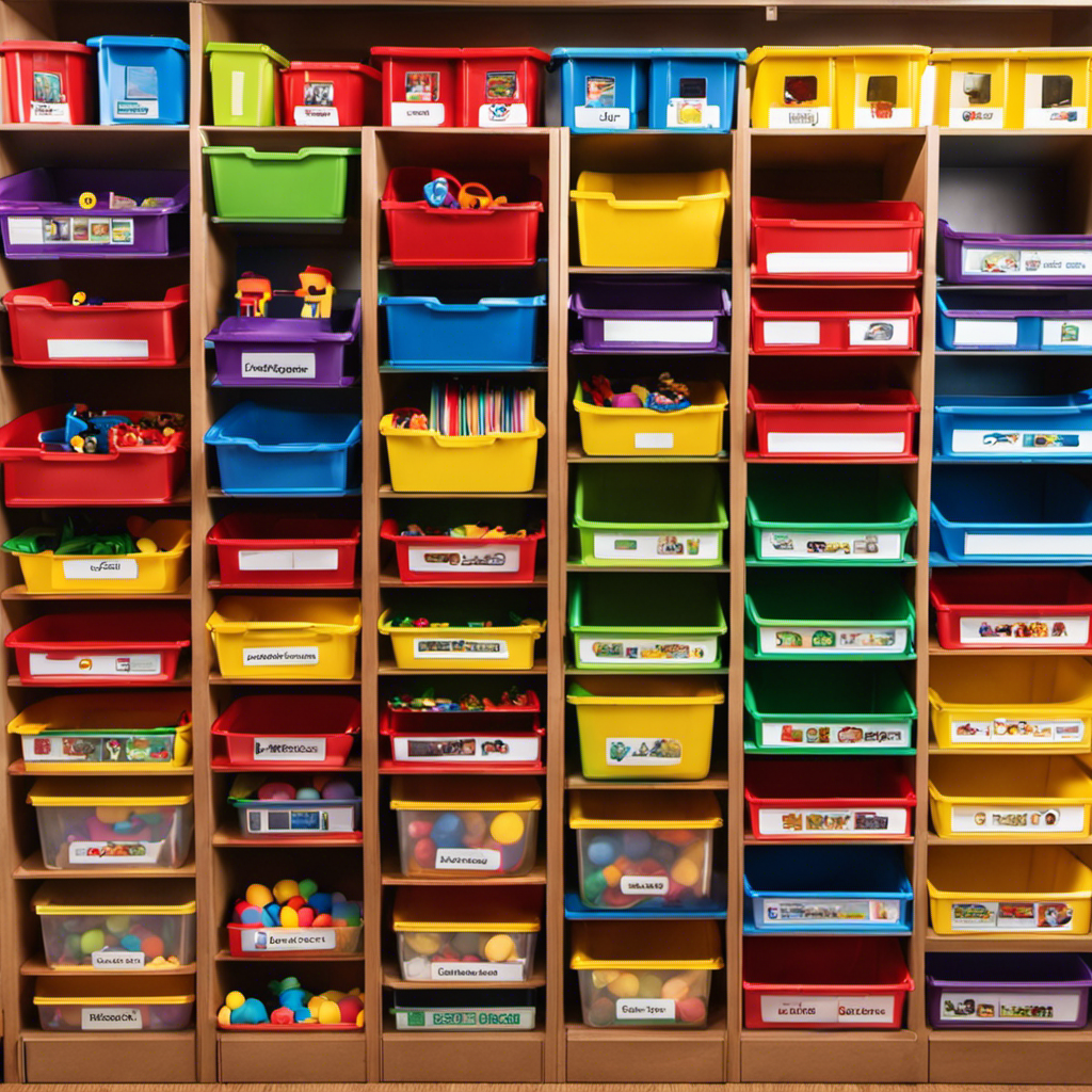 An image that showcases a meticulously arranged shelf with neatly labeled bins, each filled with vibrant and diverse preschool toys