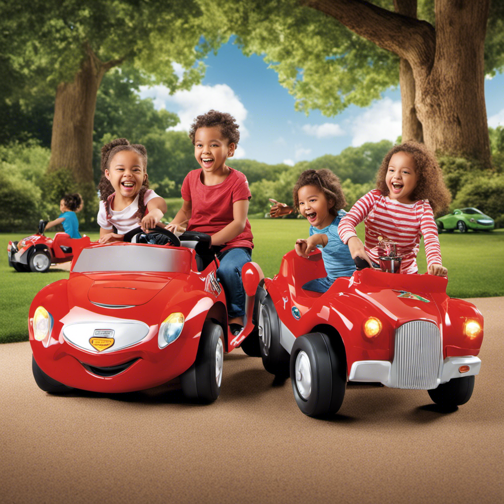 An image showcasing children engaged in imaginative play with ride-on cars, their faces animated with excitement as they communicate through gestures, expressions, and laughter, demonstrating the vital role of language and communication skills in this playful world