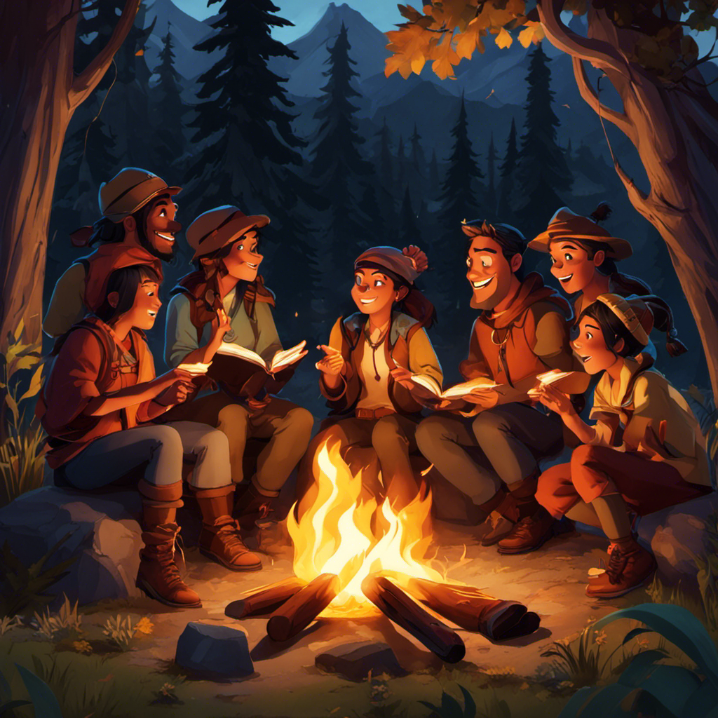 An image showcasing a group of adventurers sitting around a glowing campfire, their faces illuminated by the dancing flames, as they share captivating stories using animated hand gestures and expressive facial expressions