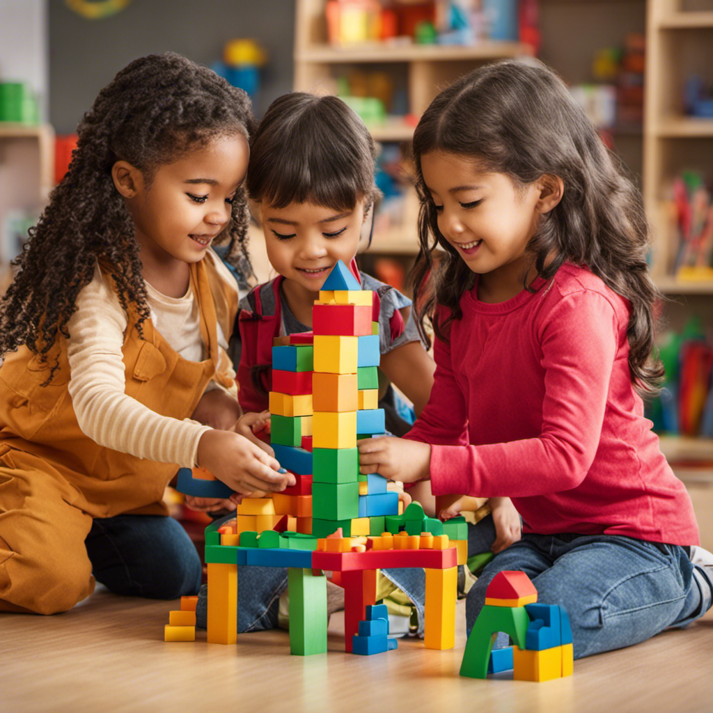 An image showcasing a group of preschoolers engrossed in constructing towering structures with colorful building blocks