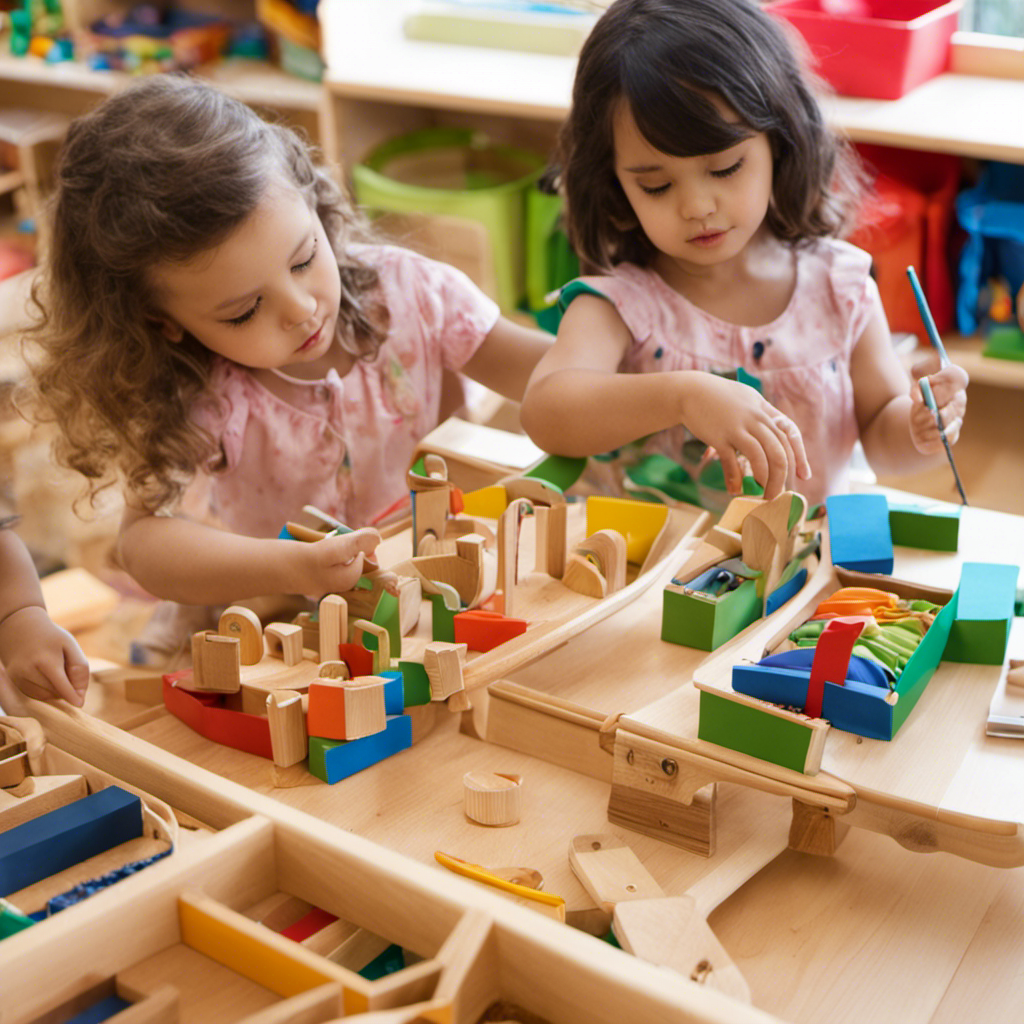 An image capturing a Montessori preschool classroom filled with engaged children, using colorful, open-ended materials