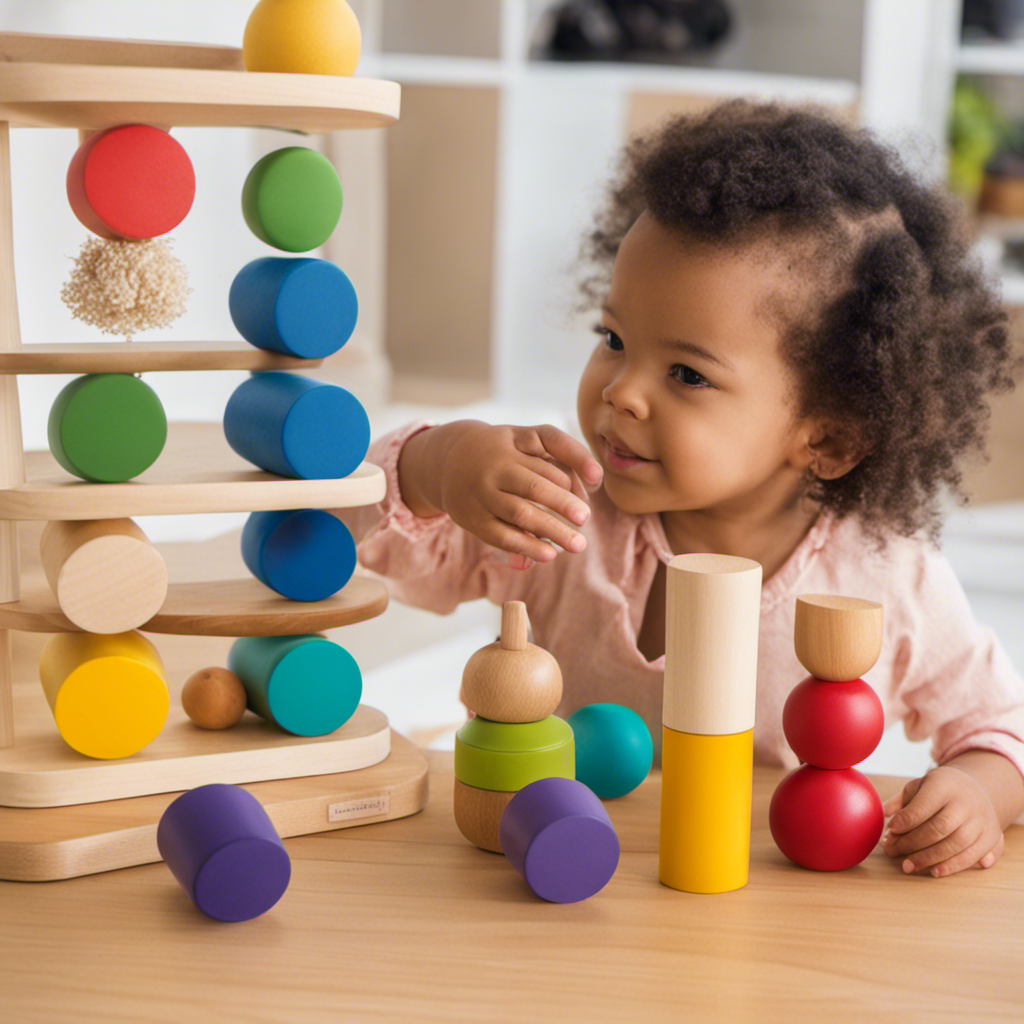 An image showcasing a toddler's hands joyfully exploring Montessori materials, such as colorful knobbed cylinders, textured touch boards, and scented sensory bottles, fostering their sensory development and curiosity