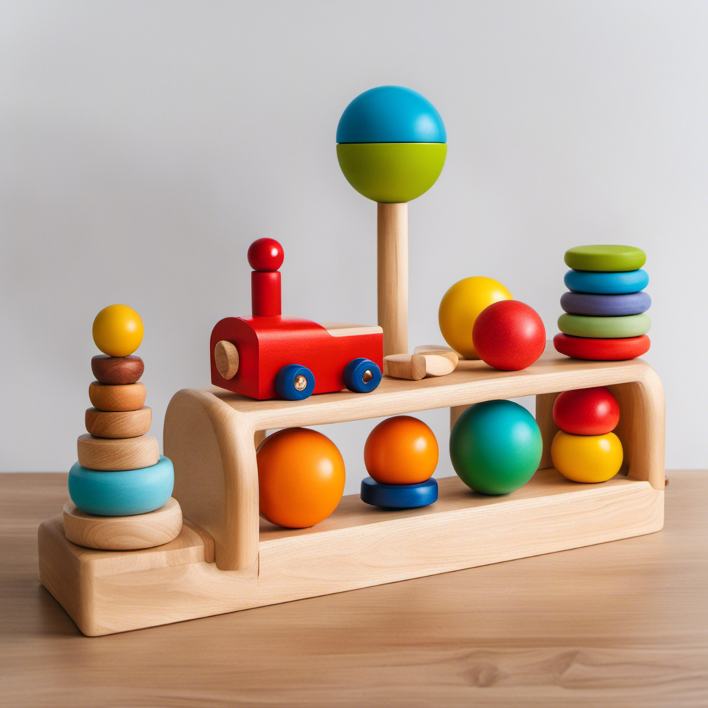 An image showcasing a vibrant wooden toy shelf, neatly arranged with a variety of Montessori toys, such as a colorful geometric shape sorter, a wooden stacking tower, and a set of sensory puzzle balls