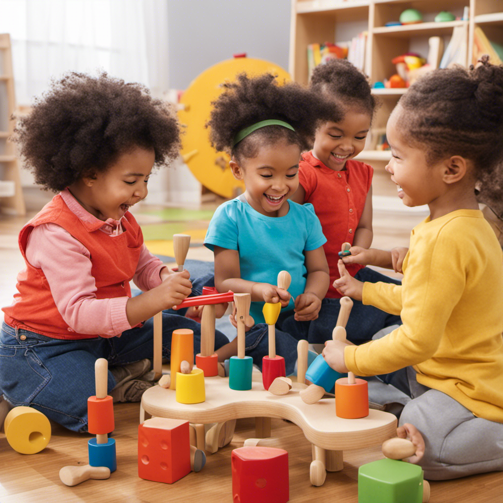 An image showcasing a group of preschool children joyfully engaged in a music play session, surrounded by vibrantly colored, eco-friendly Plan Toys instruments