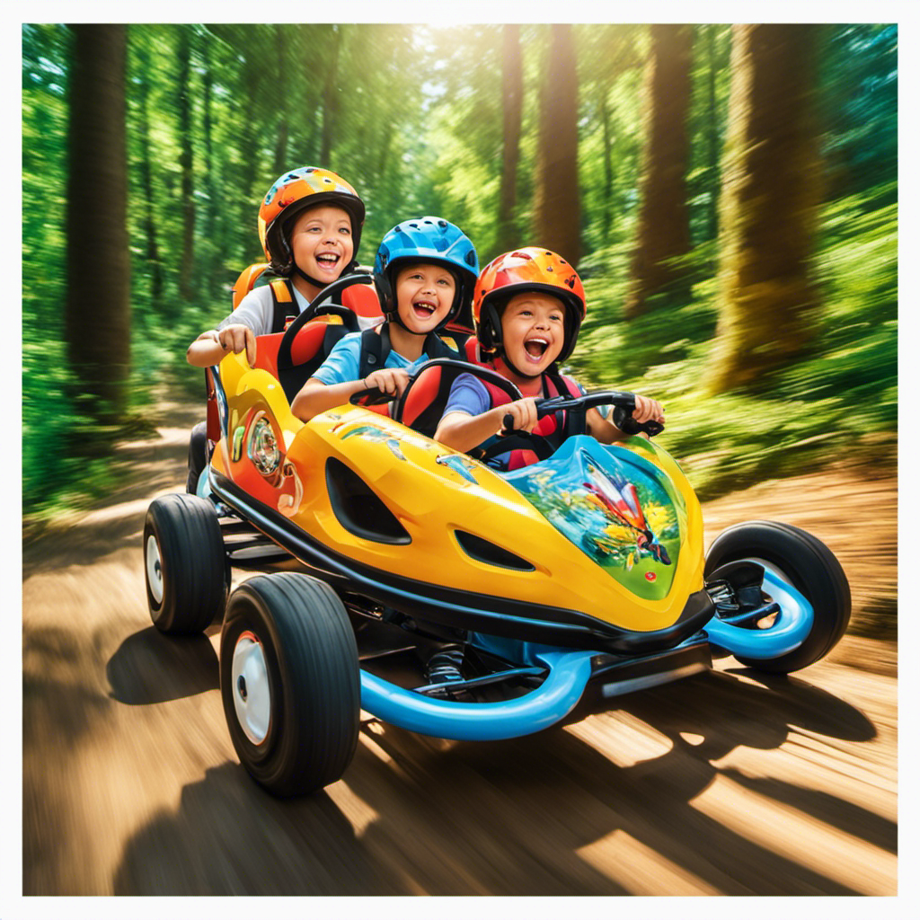 the thrill of outdoor adventure with an image of a group of children riding on colorful pedal go-karts, their faces illuminated with joy as they navigate a winding forest trail, surrounded by towering trees and dappled sunlight