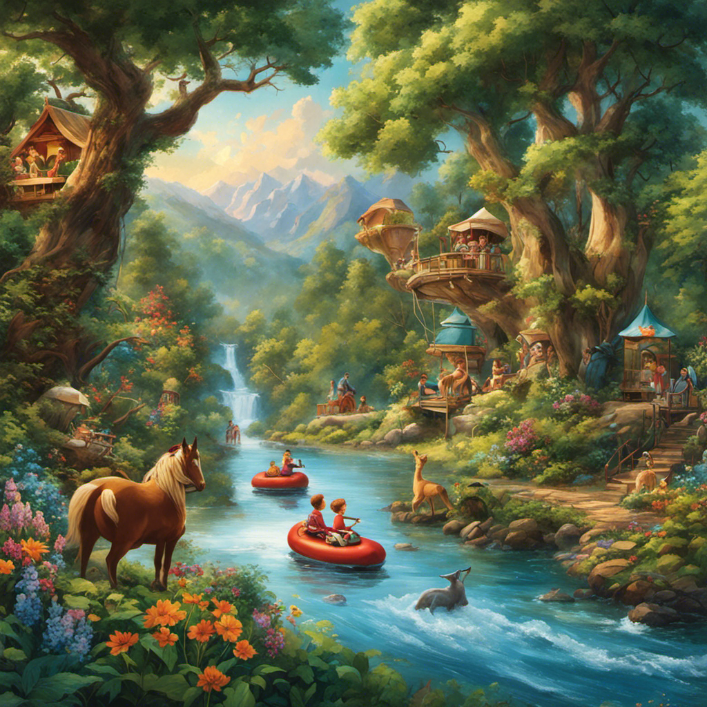 An image showcasing a group of children joyfully riding on various ride-on toys, surrounded by a lush forest with towering trees, vibrant wildflowers, and a serene river, evoking the spirit of adventure and growth