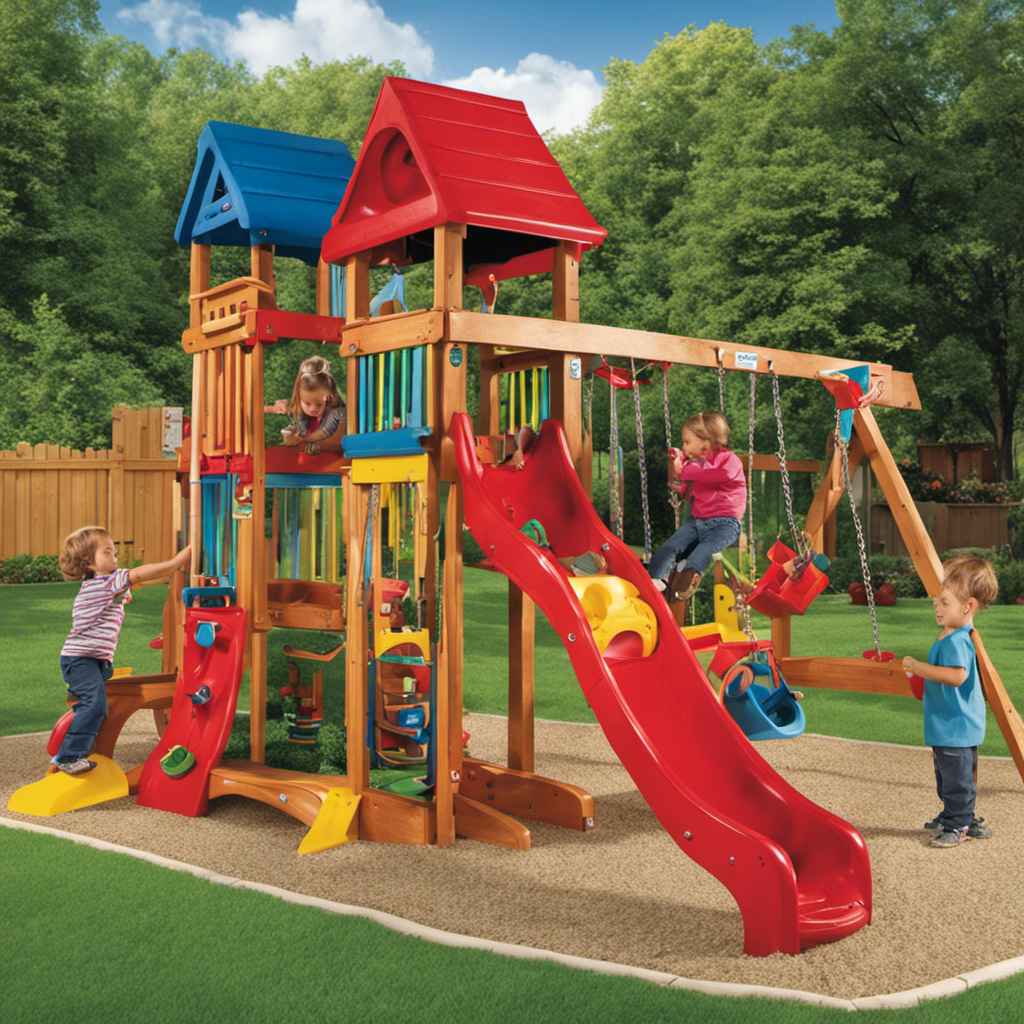 An image showcasing a vibrant preschool playground, filled with a variety of engaging toys