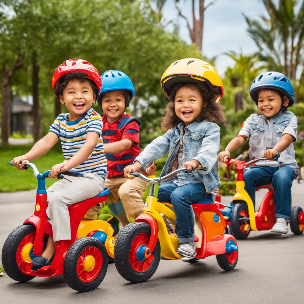 An image showcasing a diverse group of preschoolers happily engaged in riding various ride-on toys, such as tricycles, balance bikes, and scooters, while displaying focused expressions and actively exploring their surroundings