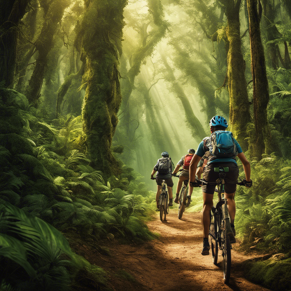 a vivid image of a group of adventurous souls riding their bicycles through a dense forest