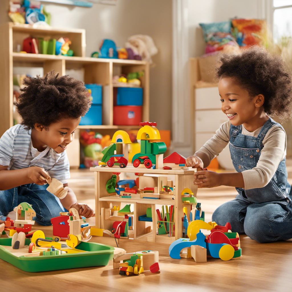 An image capturing a diverse collection of vibrant, educational preschool toys in an inviting playroom setting