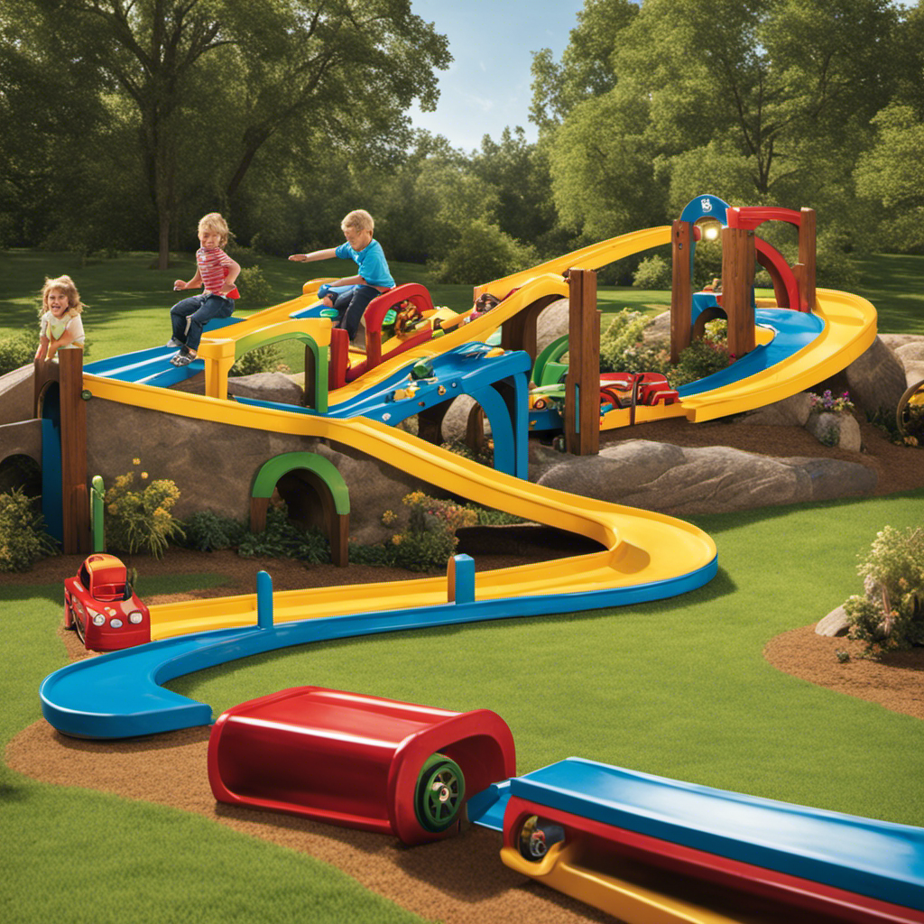 An image capturing the exhilarating joy of children racing their ride-on cars through a vibrant outdoor obstacle course, their gleeful laughter echoing as they navigate curves, ramps, and tunnels, fostering active play and promoting physical fitness