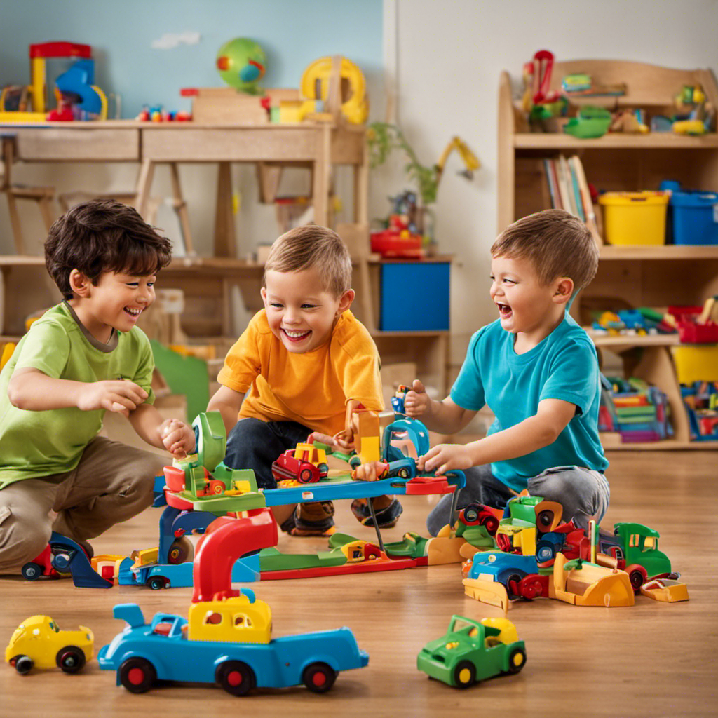 An image capturing the energy and excitement of preschool boys playing with robust toys, showcasing their adventurous spirit through dynamic movements, big smiles, and the inevitable chaos of their playtime