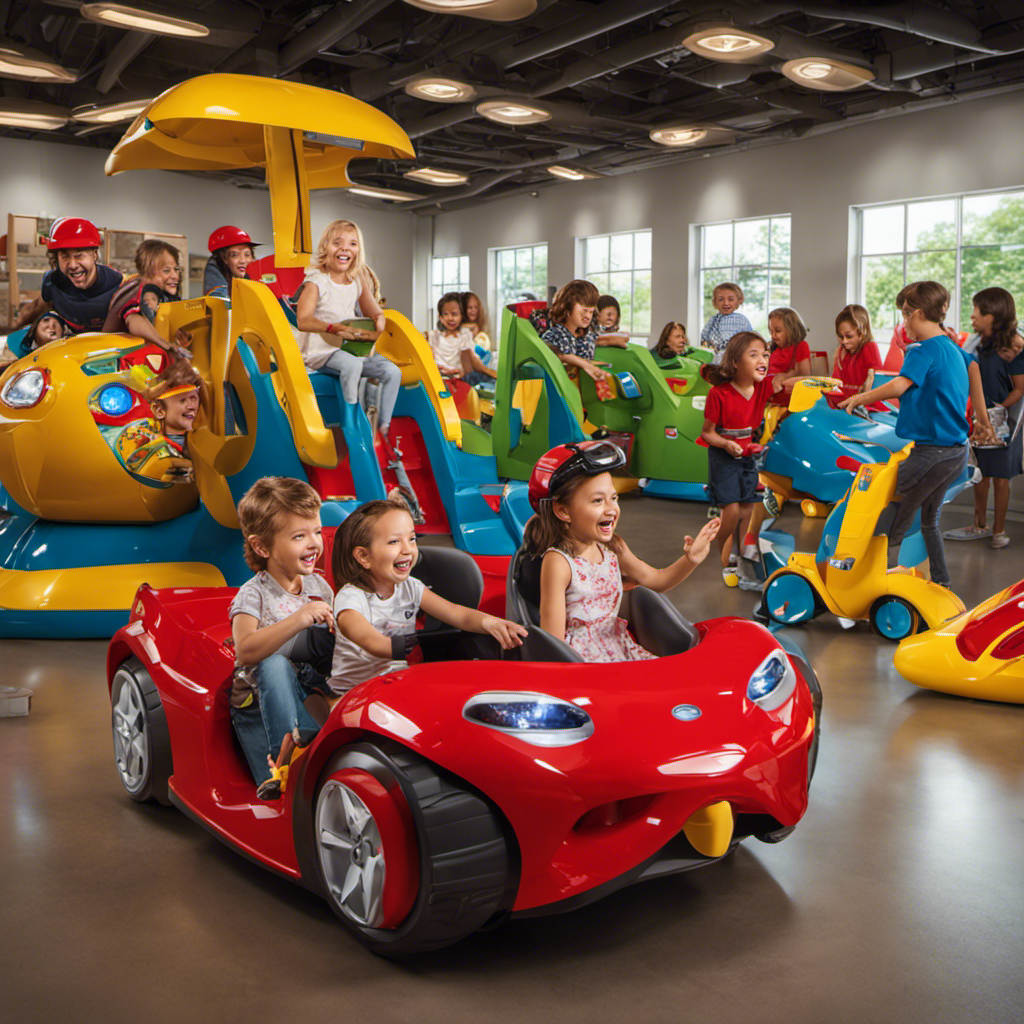An image showcasing a group of children happily engaged in imaginative play with interactive ride-ons, surrounded by attentive adults who are observing and ensuring their safety