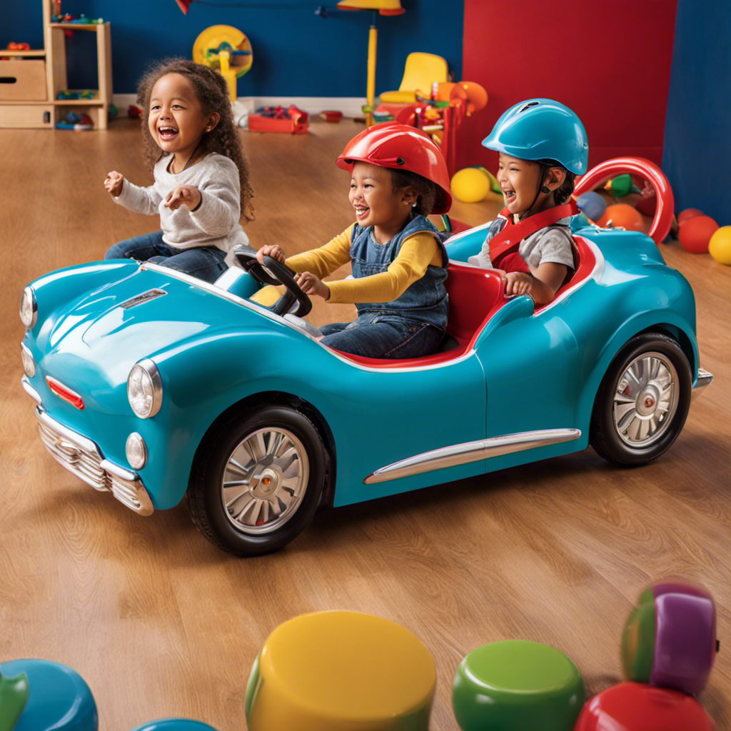 An image featuring a diverse group of children joyfully riding on ride-on car toys, with adult supervision nearby