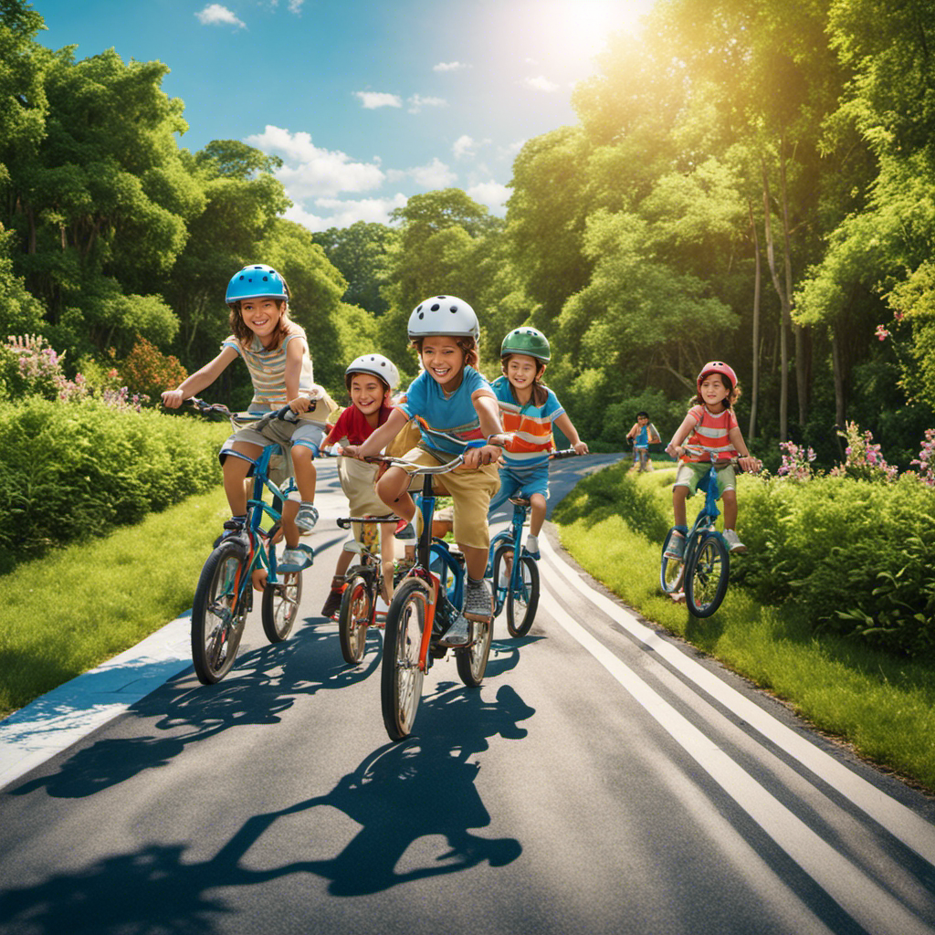 An image depicting a group of children wearing helmets, knee pads, and elbow pads, riding bicycles and skateboards on a clearly marked bike lane, surrounded by lush greenery and under a bright blue sky