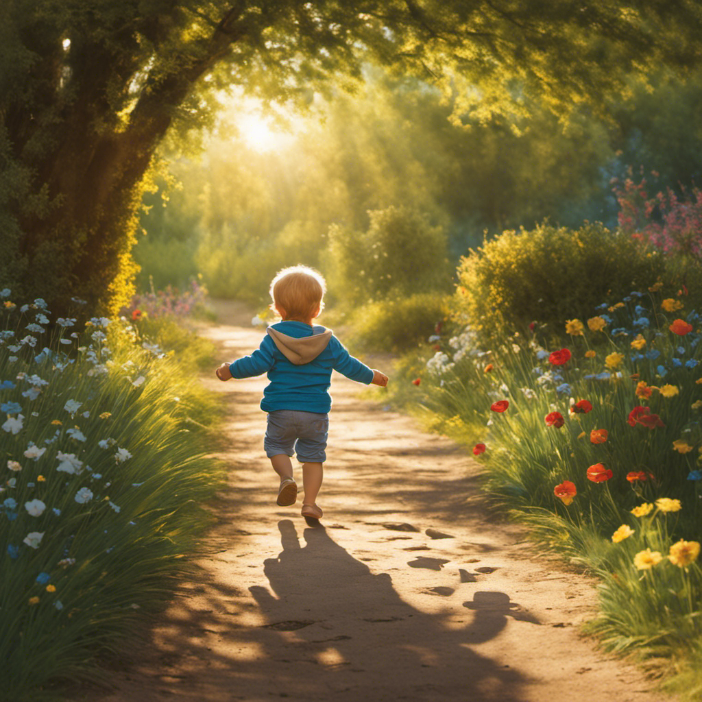 An image capturing a toddler confidently scooting down a sunlit pathway, beaming with joy, as their outstretched arms and determined expression embody the exhilarating journey towards emotional independence