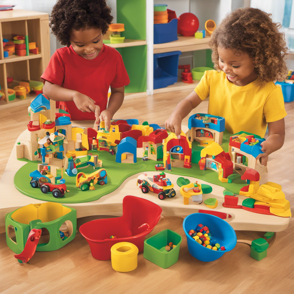 An image depicting a vibrant preschool classroom, filled with children immersed in skillful play