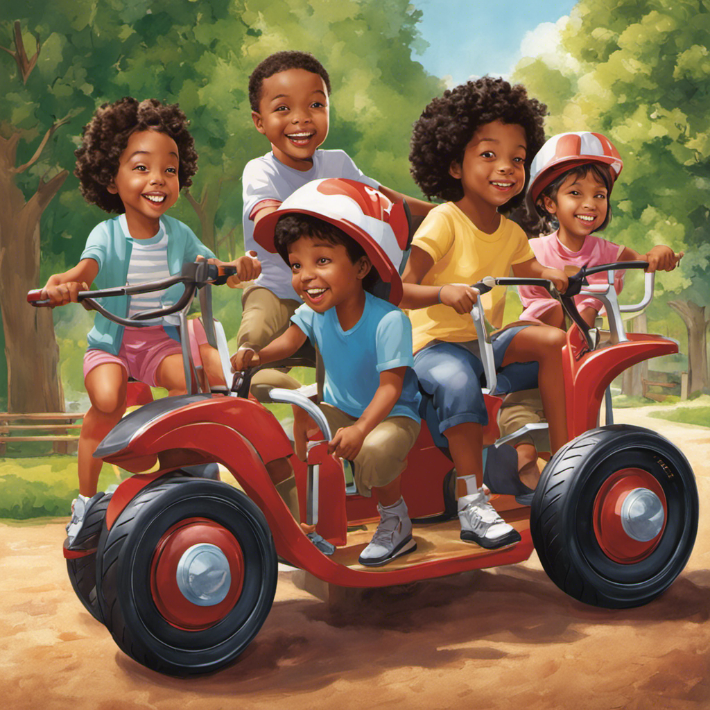 An image showcasing a diverse group of children happily engaged in interactive ride-ons, their joyful faces reflecting the excitement of socializing and cooperating together