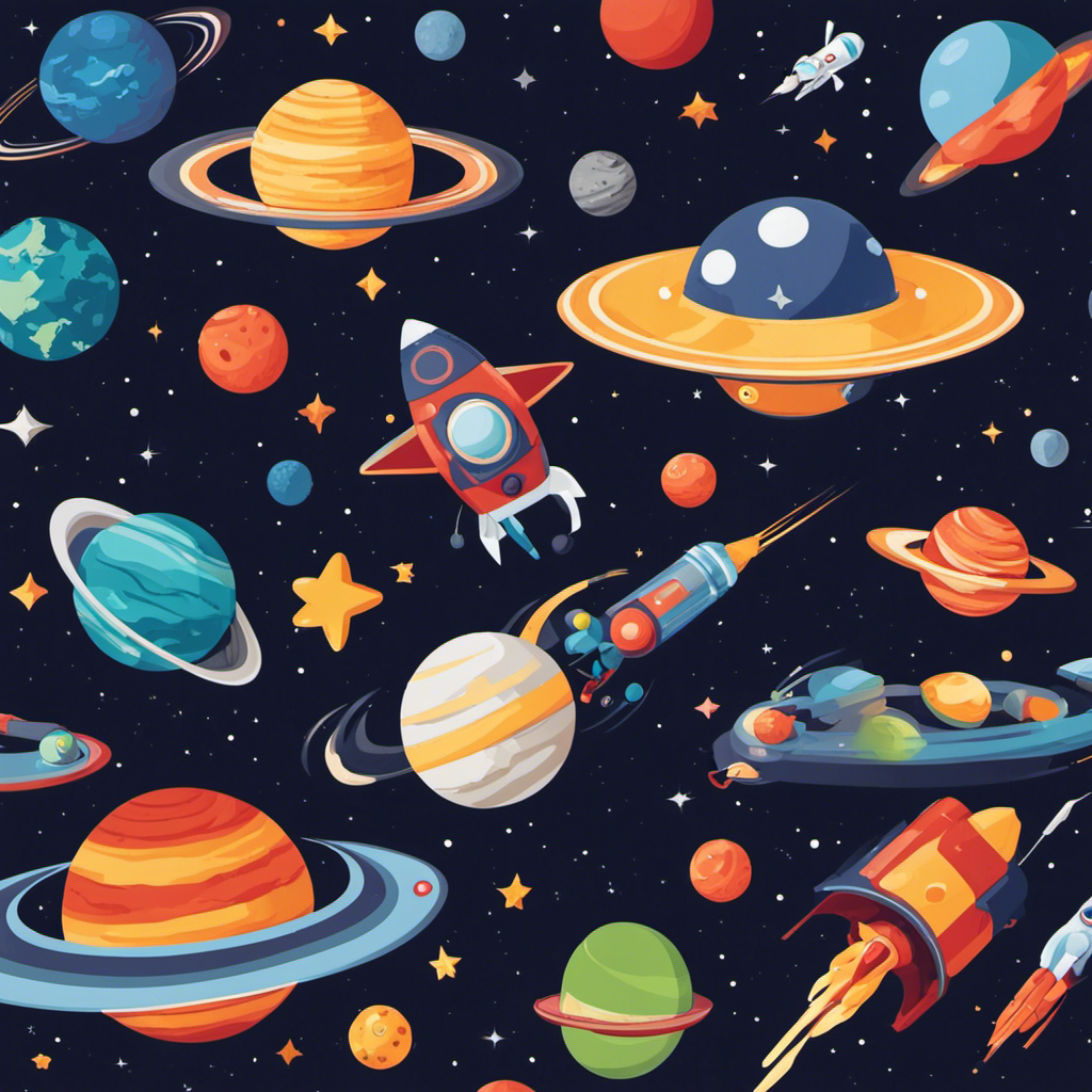 An image showcasing a diverse group of preschoolers exploring a galaxy-themed play area filled with interactive toys like rocket ships, planet puzzles, and telescopes, all fostering their curiosity and love for space
