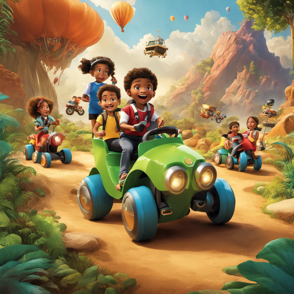 An image showcasing a diverse group of children engaged in a thrilling STEM ride-on adventure