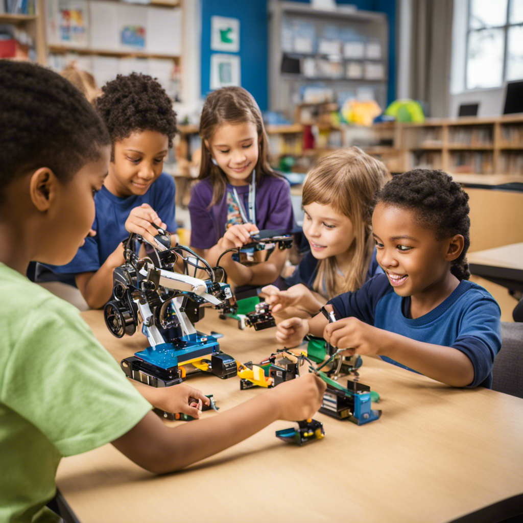 An image that showcases a diverse group of children engaged in hands-on activities with STEM toys such as a robotic arm constructing a miniature bridge, a microscope exploring a leaf, and a computer coding a simple program