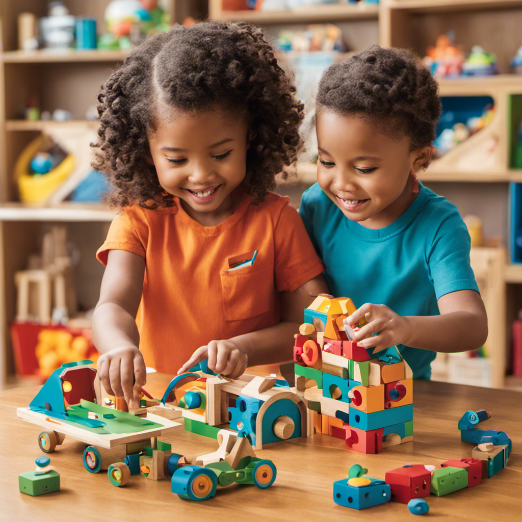 An image capturing the joyous exploration of young children as they engage with vibrant, hands-on STEM toys - intricate puzzles, colorful building blocks, and captivating science experiments - igniting their curiosity and shaping their future