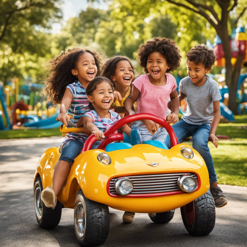 An image showcasing a group of children joyfully collaborating on a colorful playground, each taking turns riding on a vibrant ride-on car, their laughter filling the air as they navigate together, fostering teamwork and social interaction