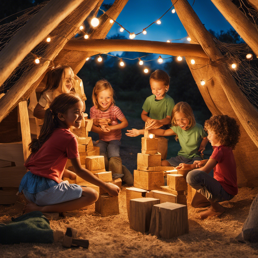 An image capturing the essence of teamwork and social skills in action – children laughing and working together, building a towering fort with outdoor adventure toys, under the warm golden glow of a setting sun
