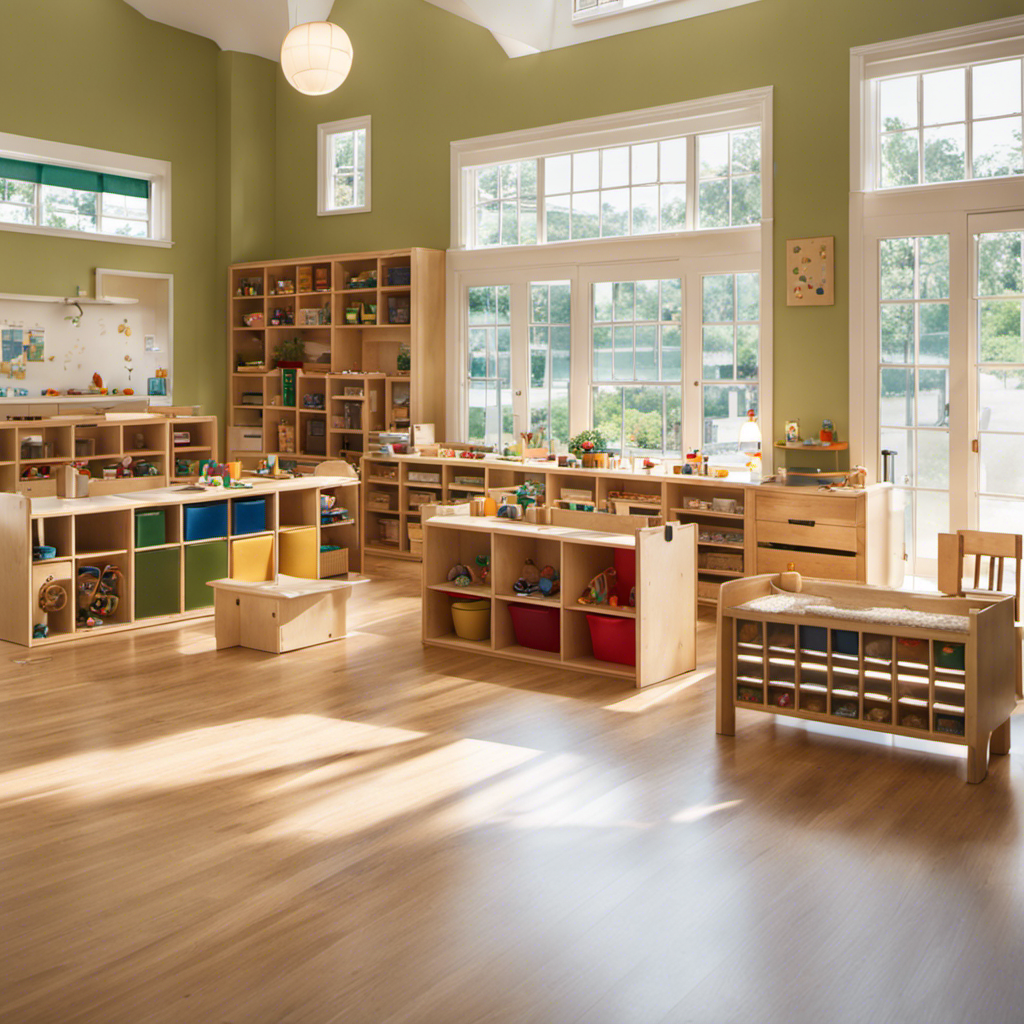 An image showcasing a serene Montessori classroom, filled with natural light and inviting materials, where toddlers engage in hands-on activities, fostering their cognitive growth through exploration and independent learning