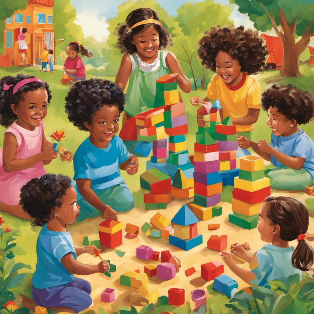 An image showcasing a group of children engaged in diverse play activities like building with blocks, painting, exploring nature, and playing dress-up, highlighting their joyful expressions and the vibrant colors surrounding them