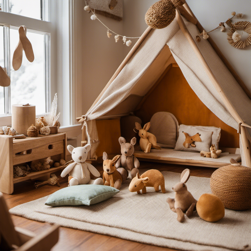 An image showcasing a cozy playroom filled with natural materials and Waldorf-inspired toys