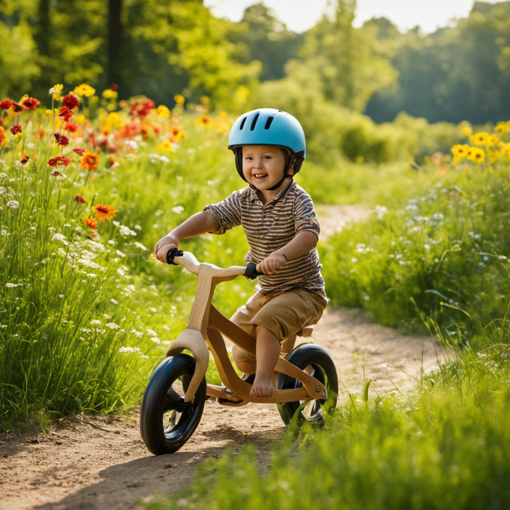 An image capturing the essence of Waldorf Ride-On Adventures, showcasing a group of toddlers fearlessly exploring nature on wooden balance bikes, their faces filled with joy and wonder as they navigate through vibrant meadows and winding forest paths