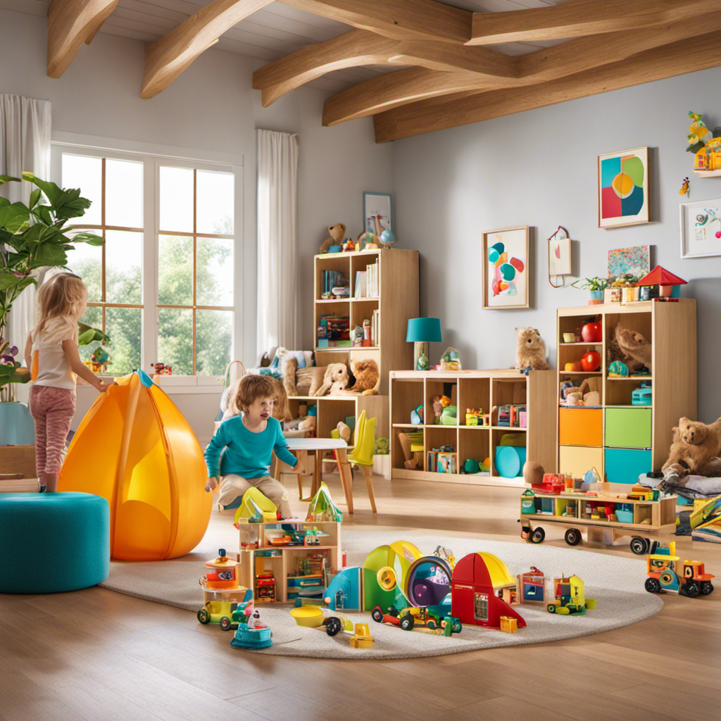 An image depicting a vibrant playroom filled with eclectic preschool toys from 2022