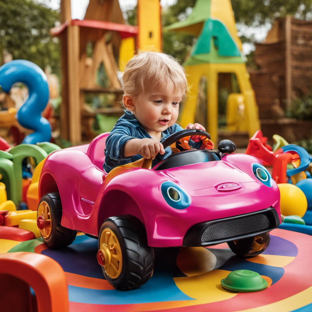 An image showcasing a curious toddler, immersed in imaginative play, steering a vibrant ride-on car through a colorful and stimulating environment, representing the positive impact these toys have on motor skills and cognitive development