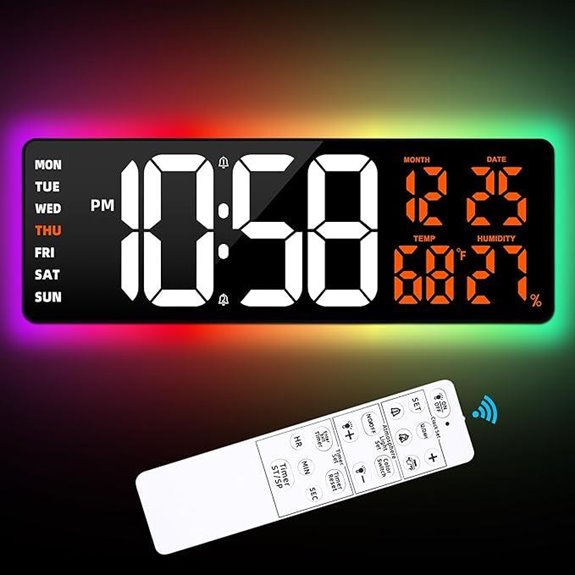 Large Digital Wall Clock with LED Display and Atmosphere Lights