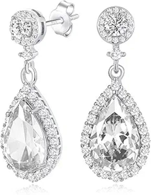 Diamond Teardrop Silver Earrings with Crystals