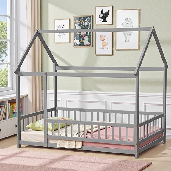 Twin Floor Bed Frame with Roof and Fence