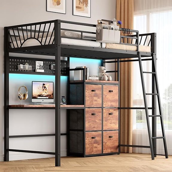 Twin Metal Loft Bed with Desk Storage LED Light