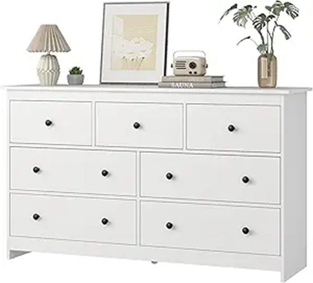 JOZZBY 7-Drawer White Wooden Dresser with Gold Handles