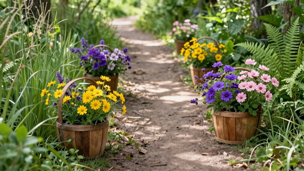 decorative baskets along pathway